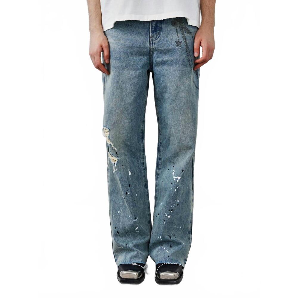 NEW BIRTH OF ROYAL CHILD chain ink print & fray distressed jeans in blue